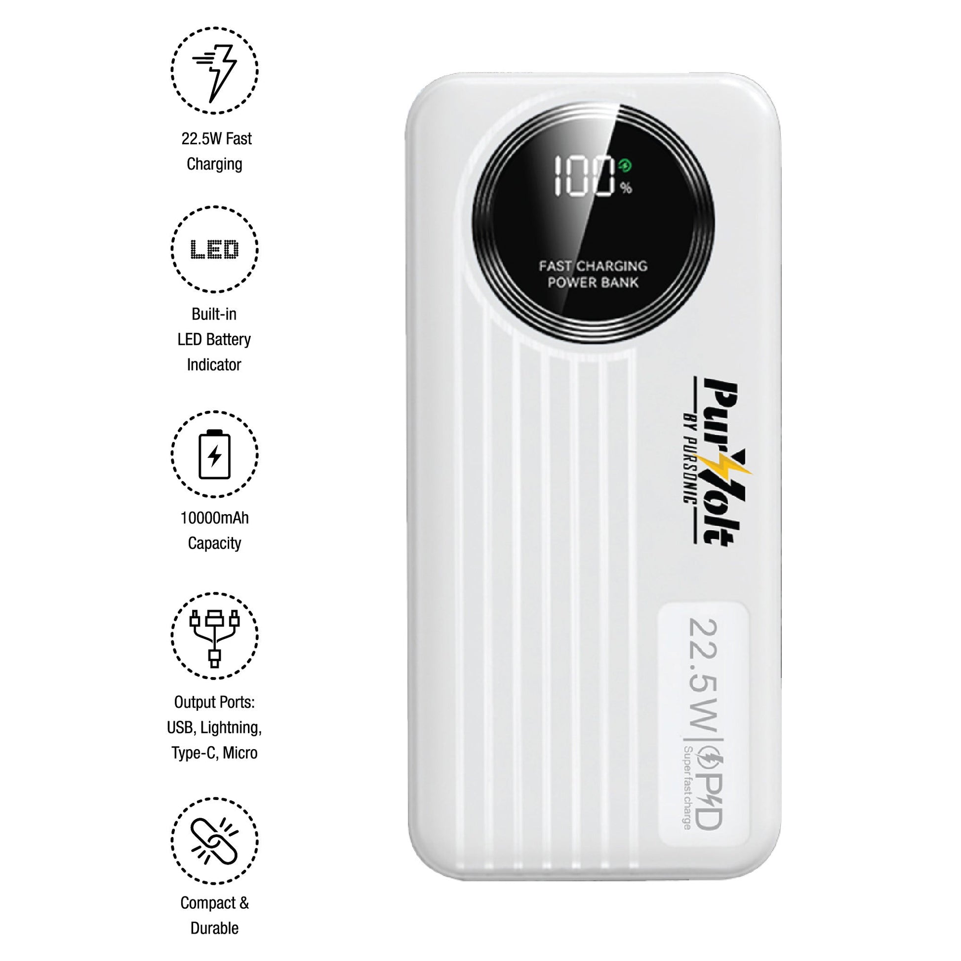 Pursonic 10,000mAh LED Fast Charging Power Bank – Built-in Cables, 22.5W Output, Type-C/USB/Lightning Compatibility-1