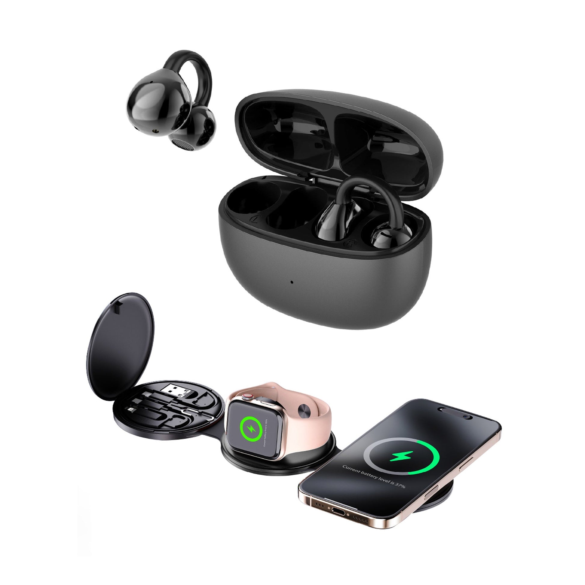 Power & Sound Essentials Bundle – 5-in-1 Folding Wireless Charging Station + True Wireless Earbuds-0