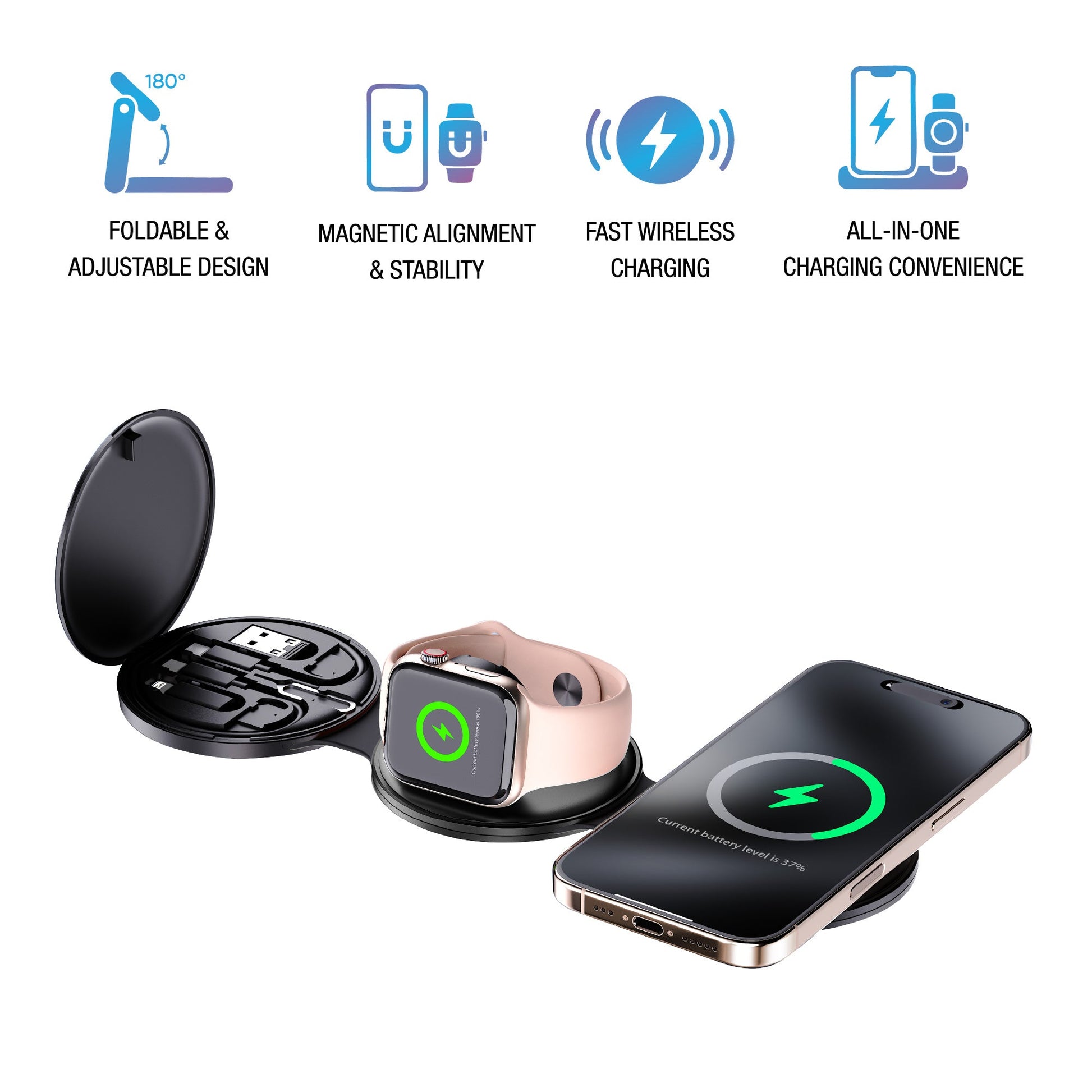 Power & Sound Essentials Bundle – 5-in-1 Folding Wireless Charging Station + True Wireless Earbuds-2