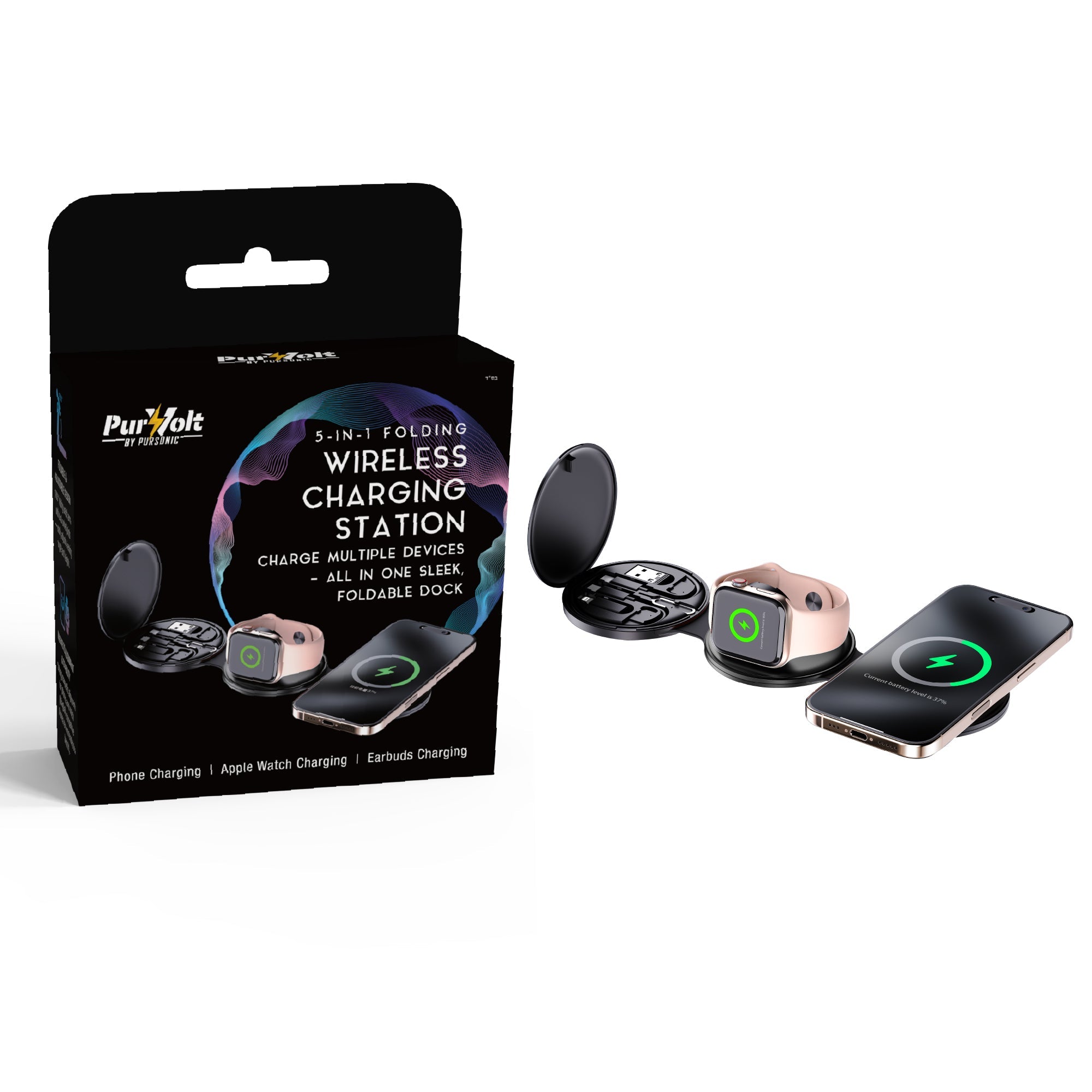 Power & Sound Essentials Bundle – 5-in-1 Folding Wireless Charging Station + True Wireless Earbuds-1